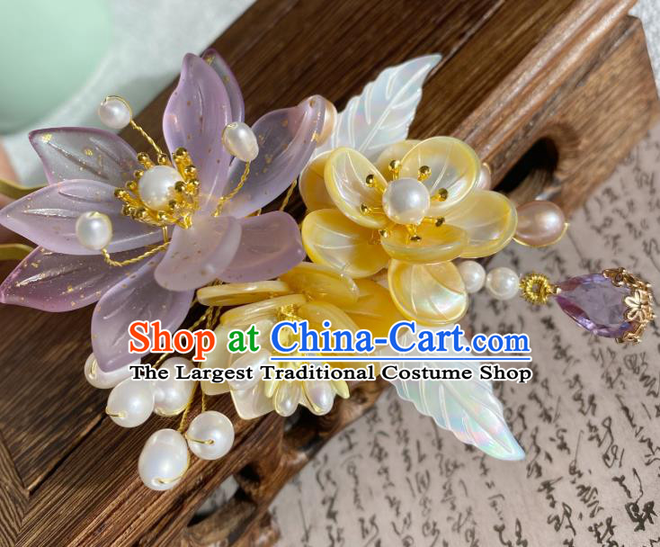 Chinese Ancient Princess Yellow Shell Plum Hairpin Traditional Ming Dynasty Young Lady Lilac Flower Hair Stick