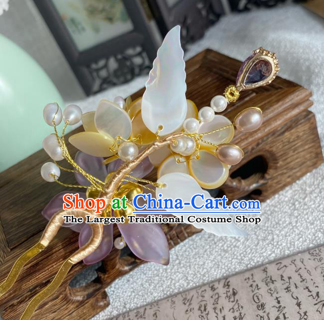 Chinese Ancient Princess Yellow Shell Plum Hairpin Traditional Ming Dynasty Young Lady Lilac Flower Hair Stick