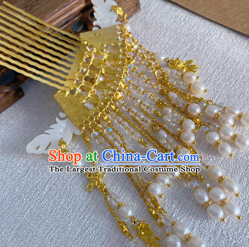 Chinese Ancient Village Girl Shell Pearls Tassel Hairpin Traditional Ming Dynasty Golden Hair Comb Accessories