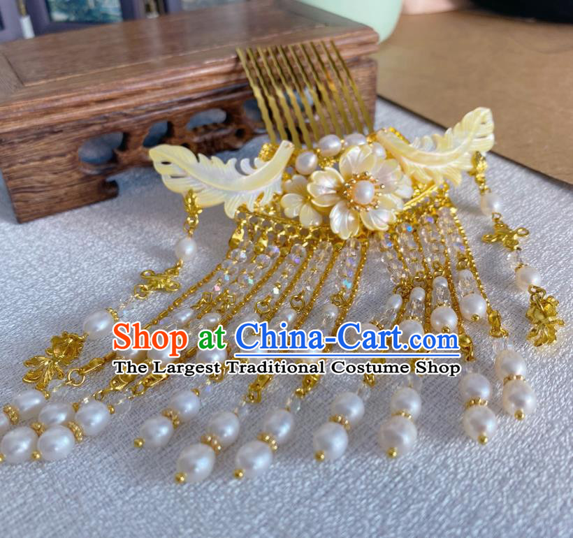 Chinese Ancient Village Girl Shell Pearls Tassel Hairpin Traditional Ming Dynasty Golden Hair Comb Accessories