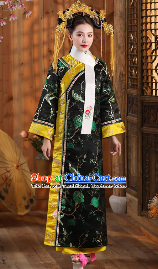 China Ancient Manchu Imperial Consort Black Dress Qing Dynasty Court Woman Garments Clothing and Headpieces Complete Set