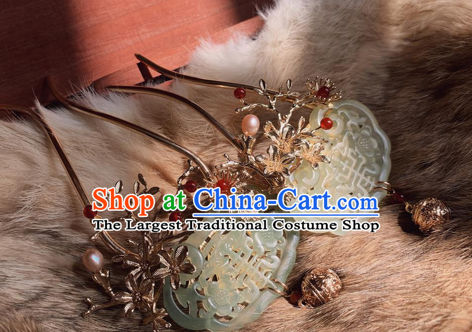China Handmade Golden Hairpin Traditional Ming Dynasty Hair Accessories Ancient Noble Woman Jade Hair Stick