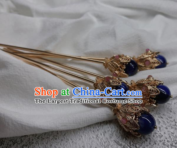 China Handmade Lapis Hairpin Traditional Tang Dynasty Hair Accessories Ancient Imperial Concubine Golden Hair Stick