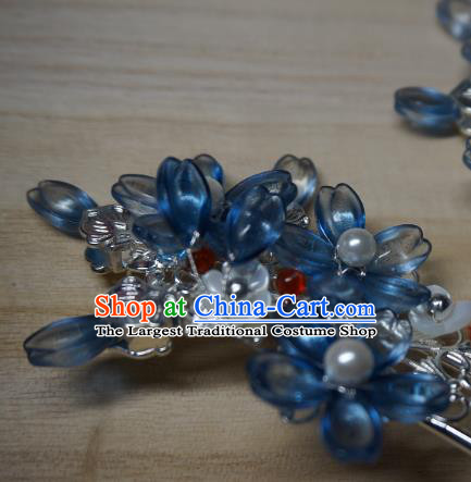 China Handmade Blue Sakura Tassel Hairpin Traditional Ming Dynasty Hair Accessories Ancient Young Lady Hair Clip