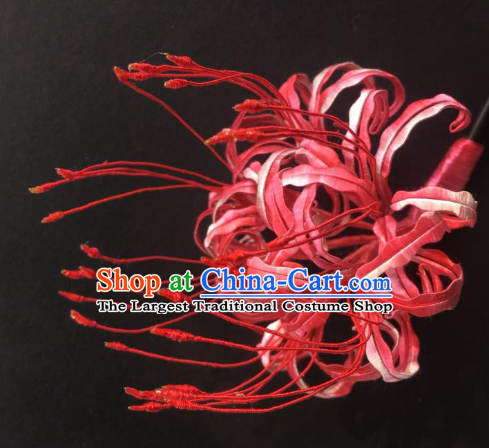 China Handmade Silk Red Manjusaka Hairpin Traditional Hanfu Headwear Ancient Tang Dynasty Palace Lady Hair Stick