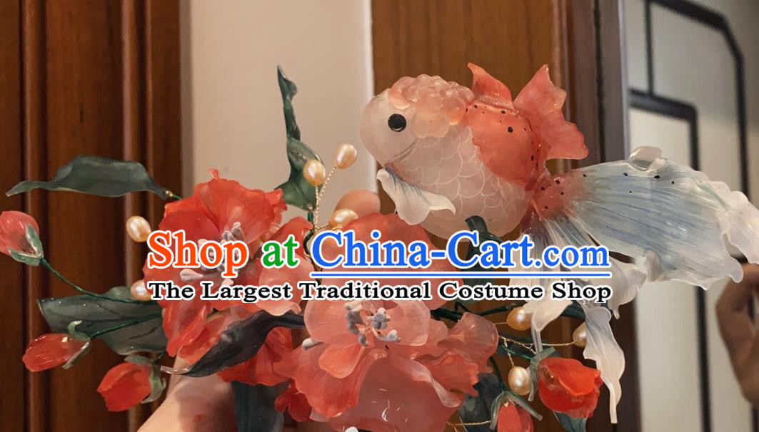 China Handmade Red Goldfish Hairpin Traditional Ming Dynasty Hair Accessories Ancient Princess Hair Crown