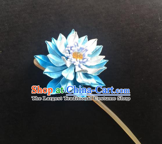 China Handmade Blue Silk Lotus Hairpin Traditional Hanfu Hair Accessories Ancient Royal Princess Hair Clip