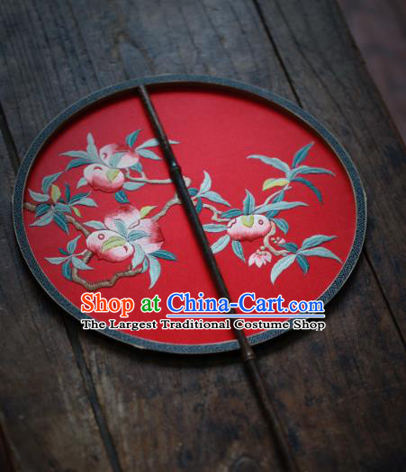 China Traditional Wedding Hanfu Fan Handmade Embroidered Peach Circular Fan Classical Red Silk Palace Fan