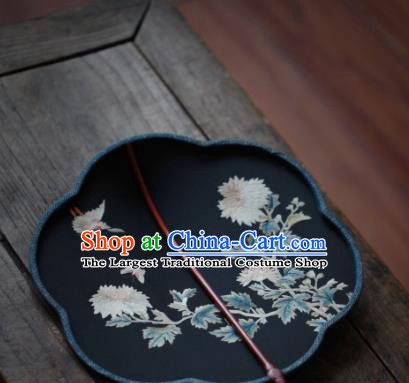 China Classical Navy Silk Palace Fan Traditional Hanfu Fan Handmade Embroidered Chrysanthemum Fan