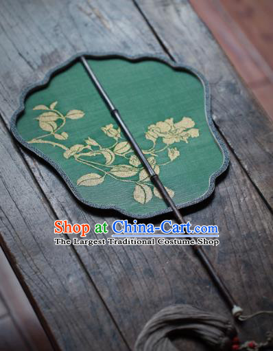 Chinese Ancient Princess Hanfu Fans Handmade Kesi Rose Painting Pattern Green Silk Fan Traditional Palace Fan