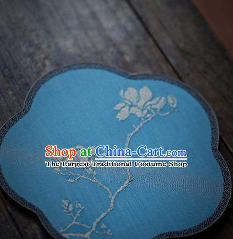 Chinese Traditional Palace Fan Ancient Princess Hanfu Fans Handmade Kesi Mangnolia Painting Pattern Blue Silk Fan