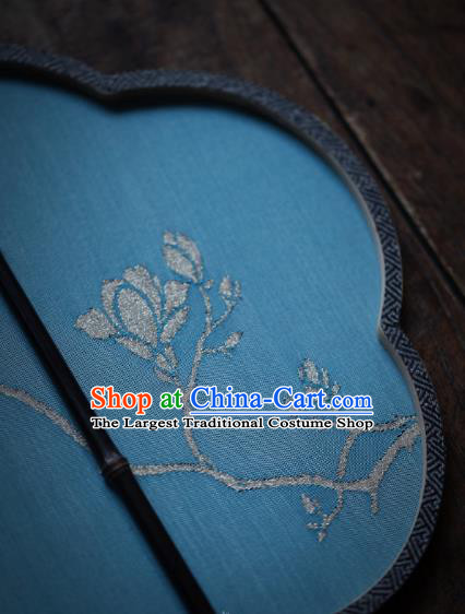Chinese Traditional Palace Fan Ancient Princess Hanfu Fans Handmade Kesi Mangnolia Painting Pattern Blue Silk Fan