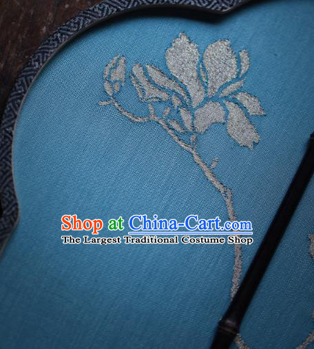 Chinese Traditional Palace Fan Ancient Princess Hanfu Fans Handmade Kesi Mangnolia Painting Pattern Blue Silk Fan