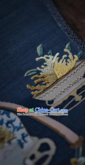 Chinese Ancient Princess Hanfu Fans Handmade Kesi Peony Vase Painting Pattern Navy Silk Fan Traditional Palace Fan