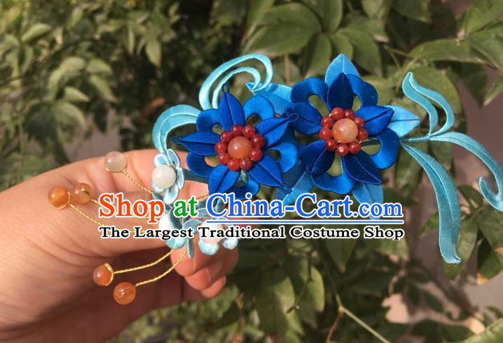 China Handmade Blue Silk Flowers Hairpin Traditional Ming Dynasty Hair Accessories Ancient Palace Lady Hair Stick