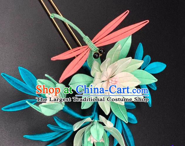 China Handmade Silk Lotus Dragonfly Hairpin Traditional Song Dynasty Hair Accessories Ancient Imperial Concubine Hair Clip