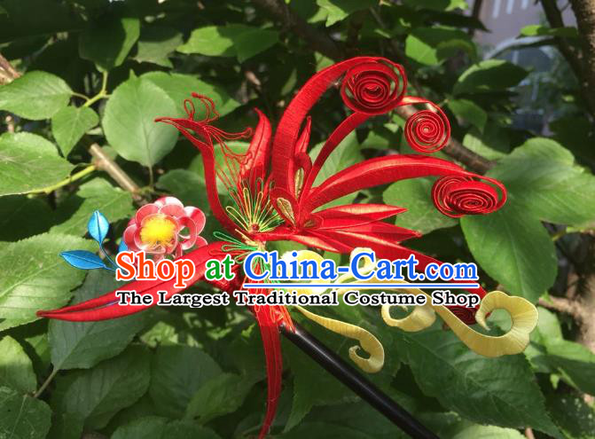 China Handmade Red Silk Phoenix Hairpin Traditional Ming Dynasty Hair Accessories Ancient Wedding Hair Stick