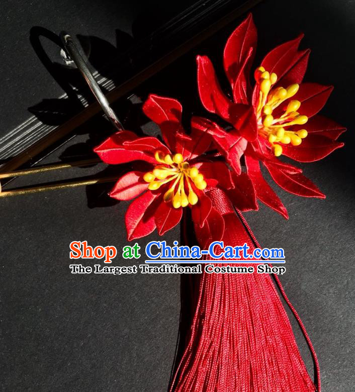 China Handmade Red Silk Flowers Hairpin Traditional Cheongsam Hair Accessories Ancient Bride Tassel Hair Stick
