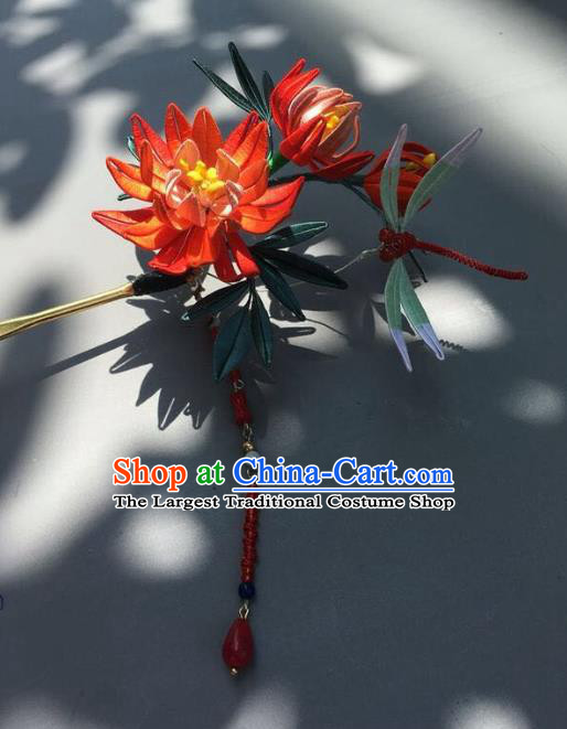 China Handmade Silk Chrysanthemum Hairpin Traditional Wedding Hair Accessories Ancient Princess Red Beads Tassel Hair Stick