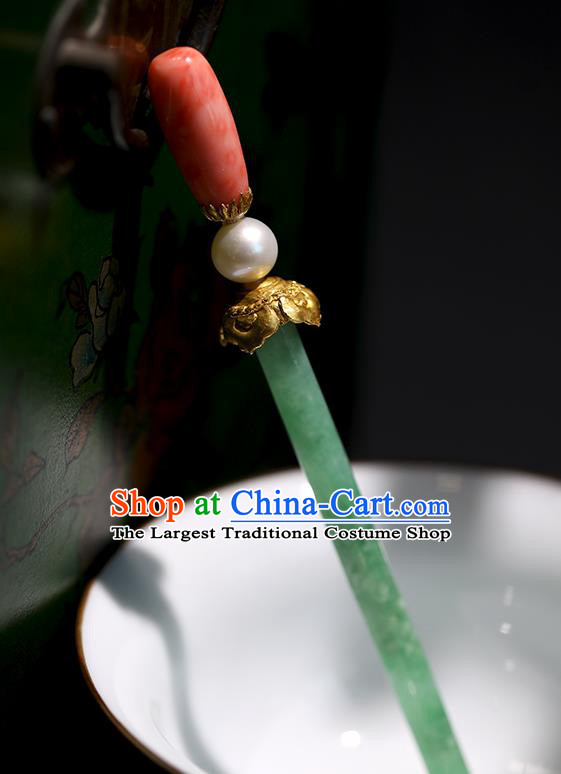 China Handmade Jadeite Hairpin Traditional Qing Dynasty Court Headpiece Ancient Imperial Concubine Hair Clip
