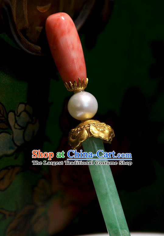 China Handmade Jadeite Hairpin Traditional Qing Dynasty Court Headpiece Ancient Imperial Concubine Hair Clip