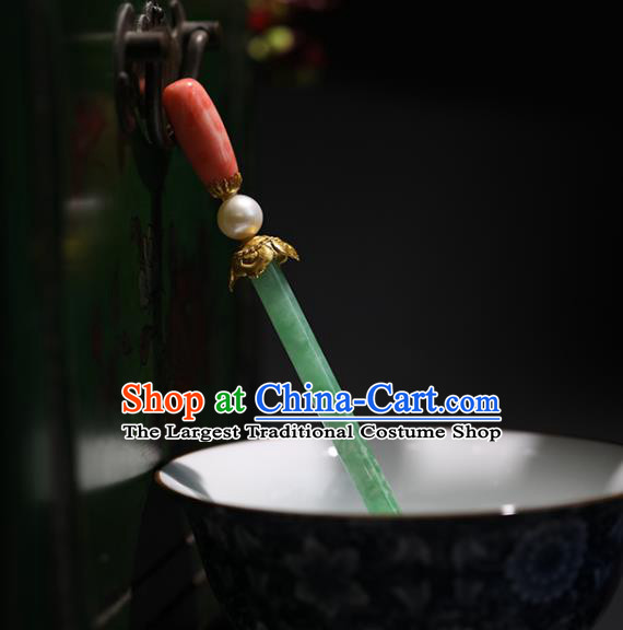 China Handmade Jadeite Hairpin Traditional Qing Dynasty Court Headpiece Ancient Imperial Concubine Hair Clip