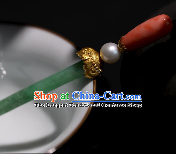 China Handmade Jadeite Hairpin Traditional Qing Dynasty Court Headpiece Ancient Imperial Concubine Hair Clip