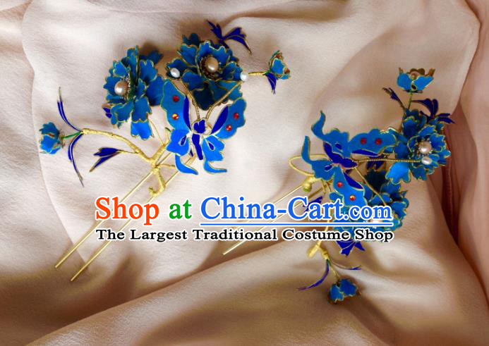 China Handmade Blue Peony Butterfly Hairpins Traditional Wedding Headdress Ancient Qing Dynasty Empress Hair Crown Complete Set