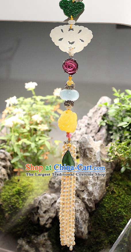 Chinese Traditional Pearls Tassel Pendant Ancient Qing Dynasty Court Woman Jade Brooch Accessories