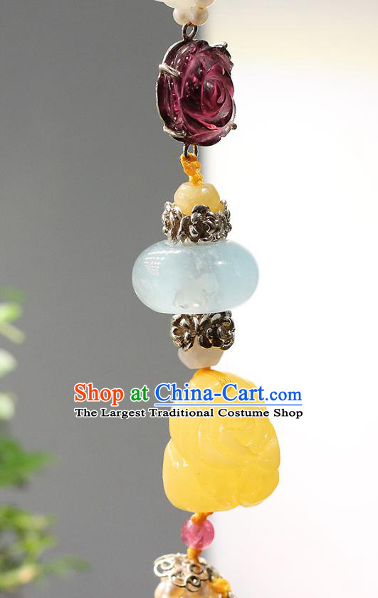 Chinese Traditional Pearls Tassel Pendant Ancient Qing Dynasty Court Woman Jade Brooch Accessories