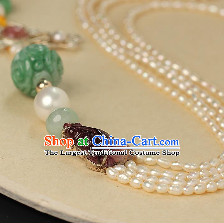 Chinese Ancient Qing Dynasty Court Woman Brooch Accessories Traditional Pearls Tassel Jade Pendant