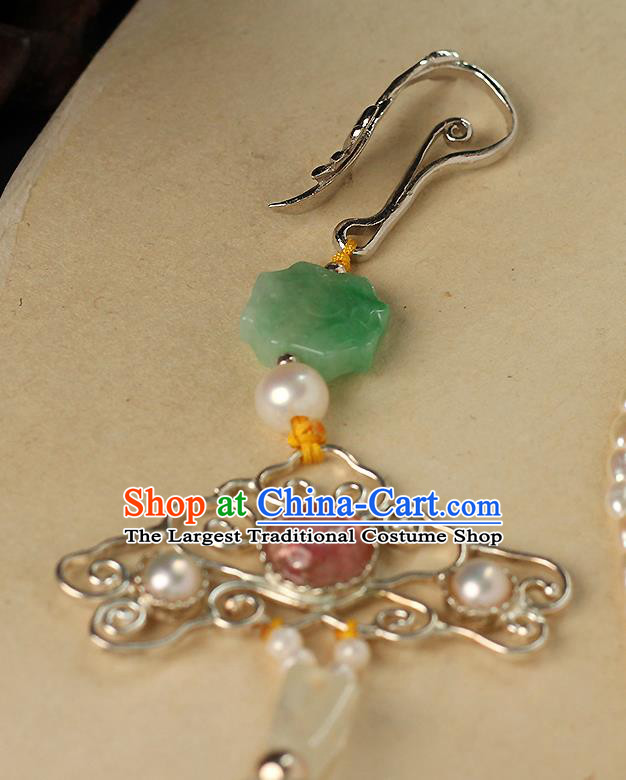 Chinese Ancient Qing Dynasty Court Woman Brooch Accessories Traditional Pearls Tassel Jade Pendant
