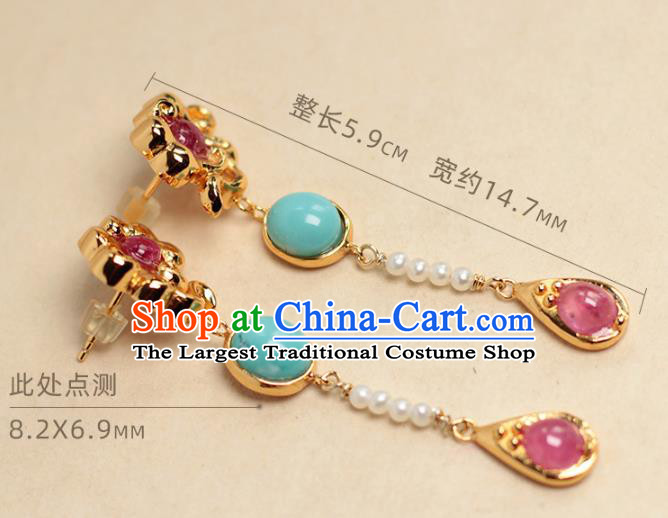 Chinese Traditional Cheongsam Golden Cloud Ear Accessories National Pearls Jewelry Handmade Tourmaline Earrings