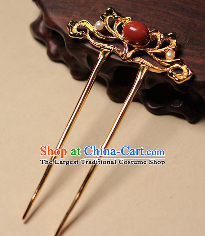 China Handmade Agate Pearls Hairpin Traditional Tang Dynasty Hair Accessories Ancient Empress Golden Hair Stick