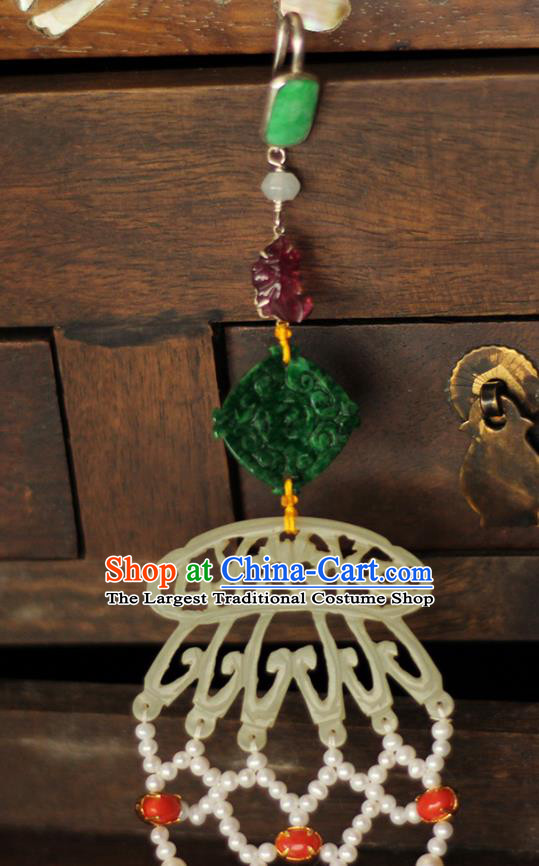 Chinese Ancient Qing Dynasty Imperial Concubine Jade Brooch Accessories Traditional Cheongsam Pearls Tassel Pendant