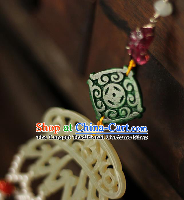 Chinese Ancient Qing Dynasty Imperial Concubine Jade Brooch Accessories Traditional Cheongsam Pearls Tassel Pendant