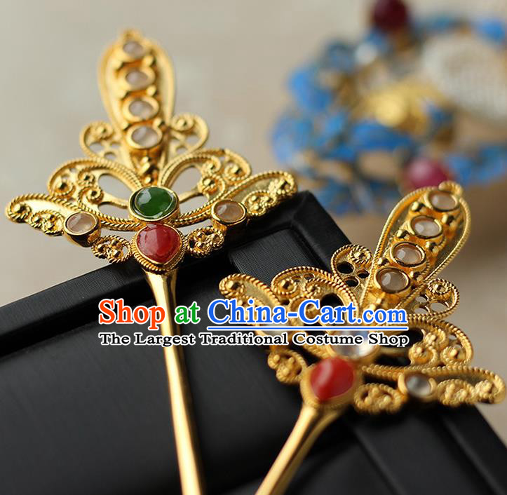 China Handmade Gems Golden Hairpin Traditional Ming Dynasty Hair Accessories Ancient Empress Hair Clip