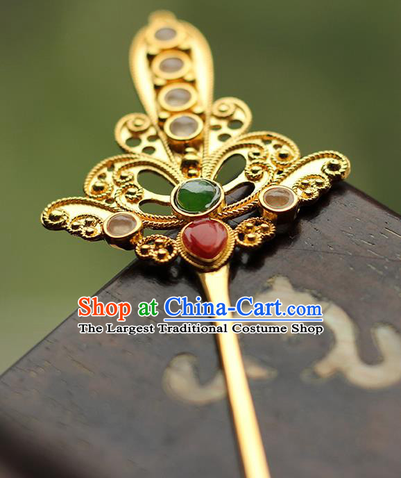 China Handmade Gems Golden Hairpin Traditional Ming Dynasty Hair Accessories Ancient Empress Hair Clip