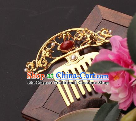 China Handmade Agate Hairpin Traditional Tang Dynasty Hair Accessories Ancient Empress Golden Hair Comb