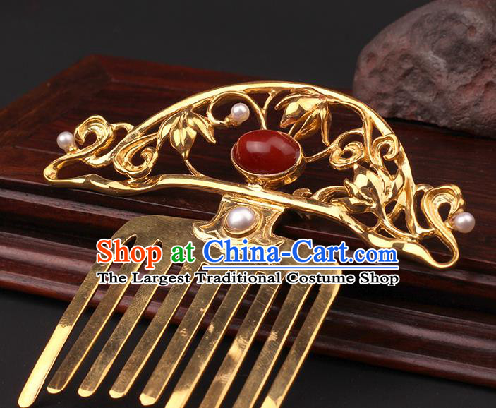 China Handmade Agate Hairpin Traditional Tang Dynasty Hair Accessories Ancient Empress Golden Hair Comb