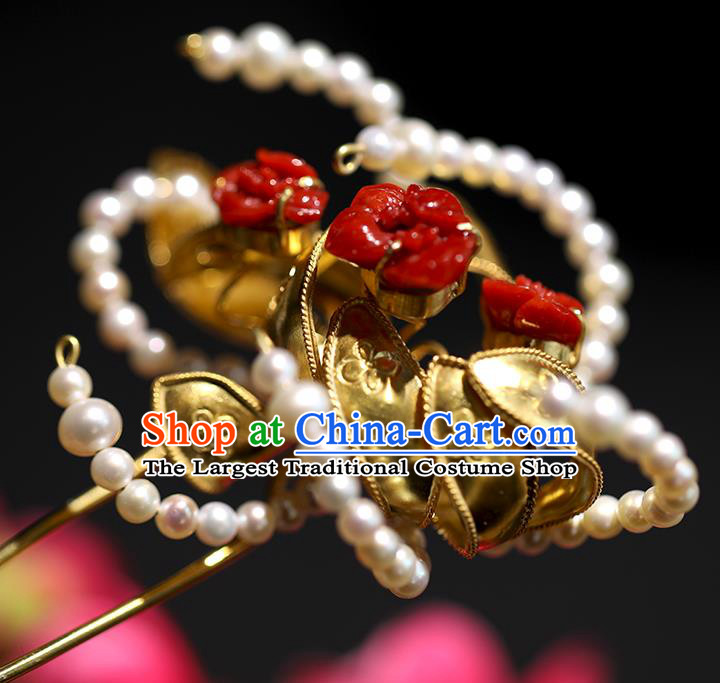 China Handmade Agate Pearls Hairpin Traditional Qing Dynasty Headdress Ancient Court Empress Golden Hair Stick
