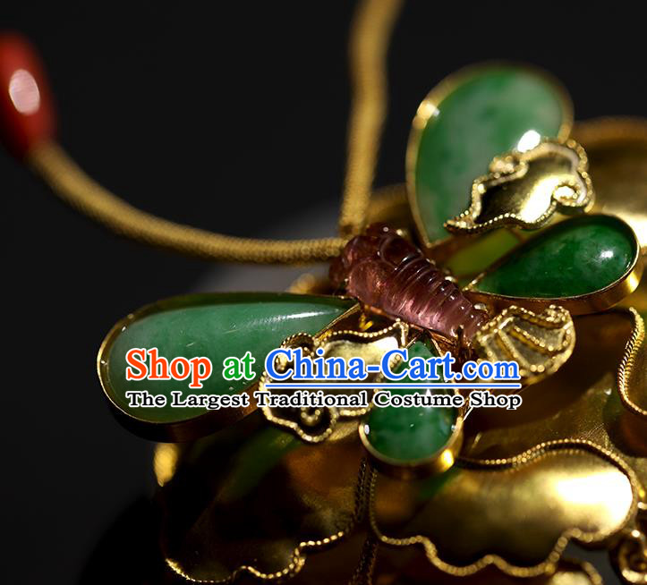 China Handmade Jade Butterfly Hairpin Traditional Qing Dynasty Court Headpiece Ancient Empress Golden Peony Hair Stick