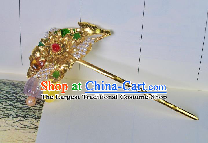 China Handmade Hanfu Gems Hairpin Traditional Ming Dynasty Hair Accessories Ancient Empress Golden Hair Stick
