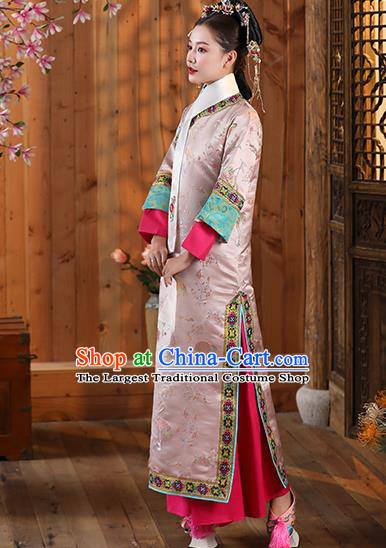 China Ancient Imperial Concubine Pink Dress Clothing Traditional Qing Dynasty Court Garment Costumes and Hair Accessories