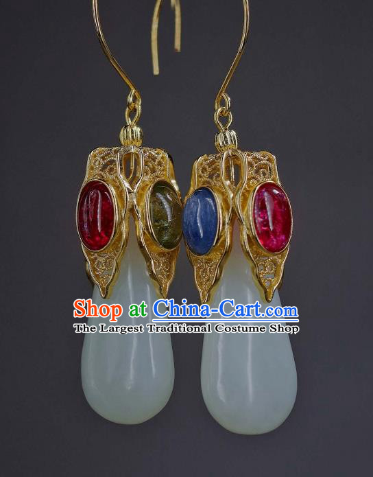 Chinese Traditional Ming Dynasty Gems Ear Accessories National Jade Jewelry Handmade Ancient Princess Consort Earrings