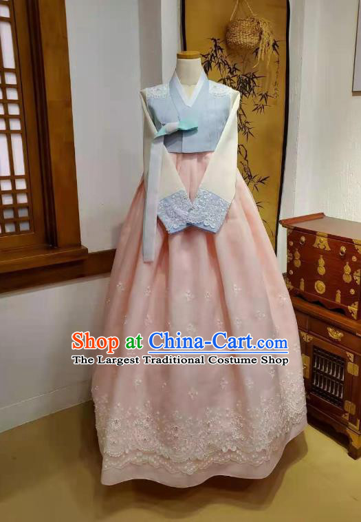 Asian Korea Bride Blue Blouse and Pink Dress Garments Traditional Fashion Korean Wedding Hanbok Clothing