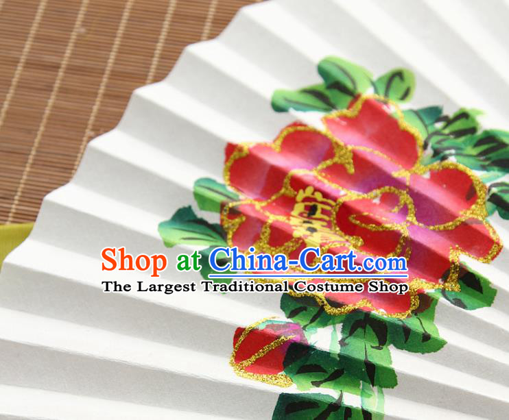 Handmade Chinese Bamboo Folding Fan Traditional Painting Peony Fan