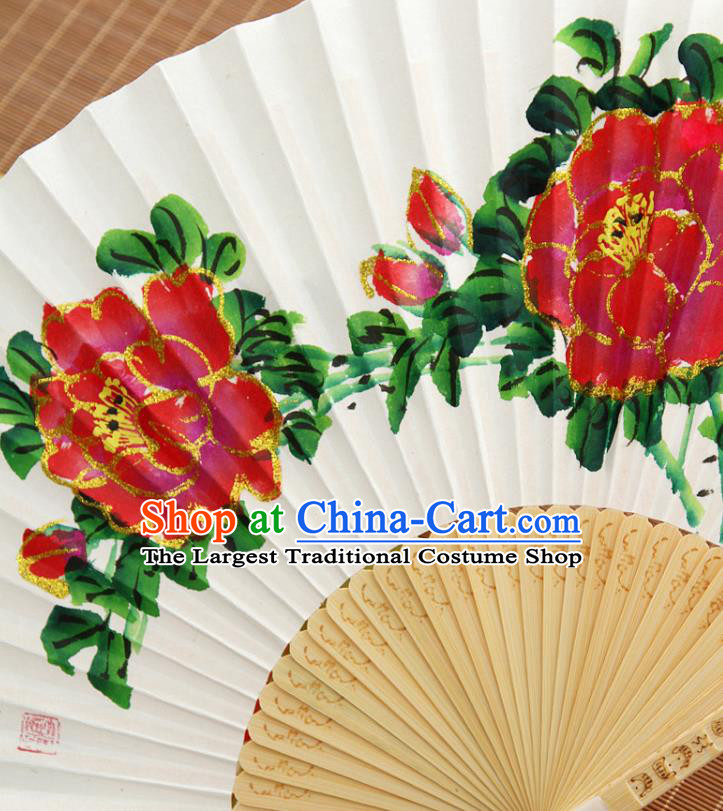 Handmade Chinese Bamboo Folding Fan Traditional Painting Peony Fan