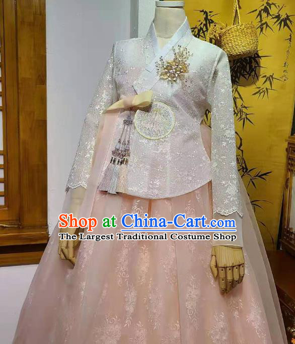 Korean Bride White Blouse and Pink Dress Garments Asian Korea Traditional Fashion Wedding Hanbok Clothing