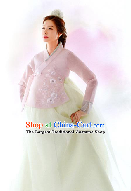 Asian Korea Wedding Pink Blouse and Yellow Dress Traditional Garments Fashion Korean Bride Hanbok Clothing